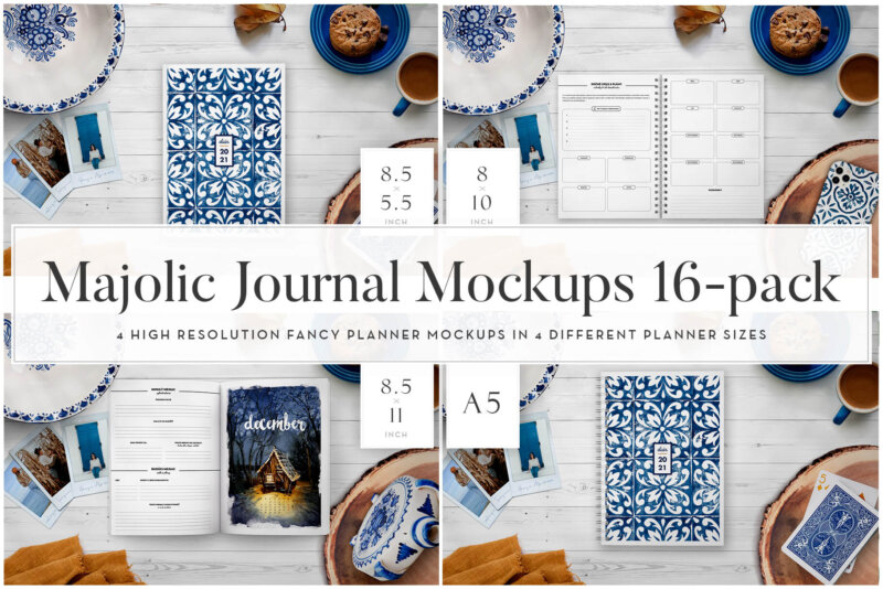 Majolic Folk Journal Planner Notebook Mockup in 4 different paper sizes